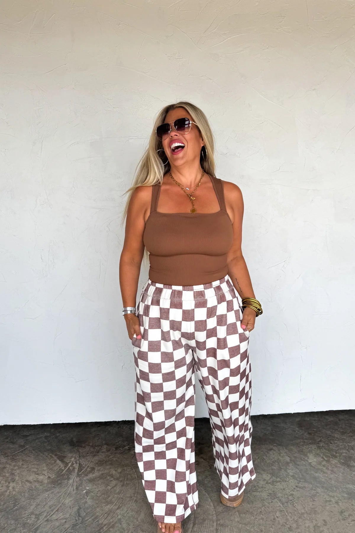 Drift Away Wide Leg Sweats- Brown Checkered