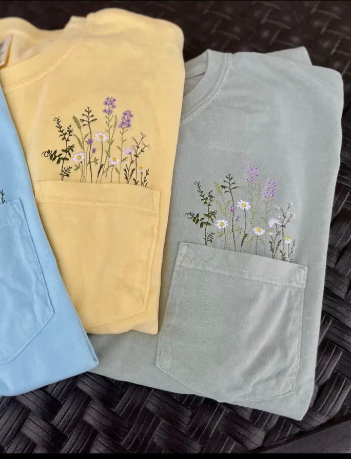Flower Embroidered Pocket Tee
