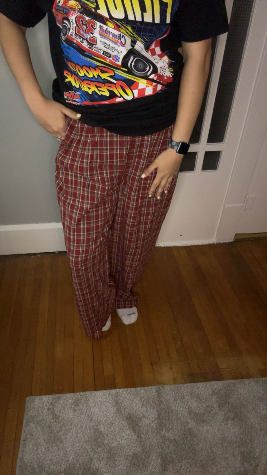 Red gingham elastic waist pants