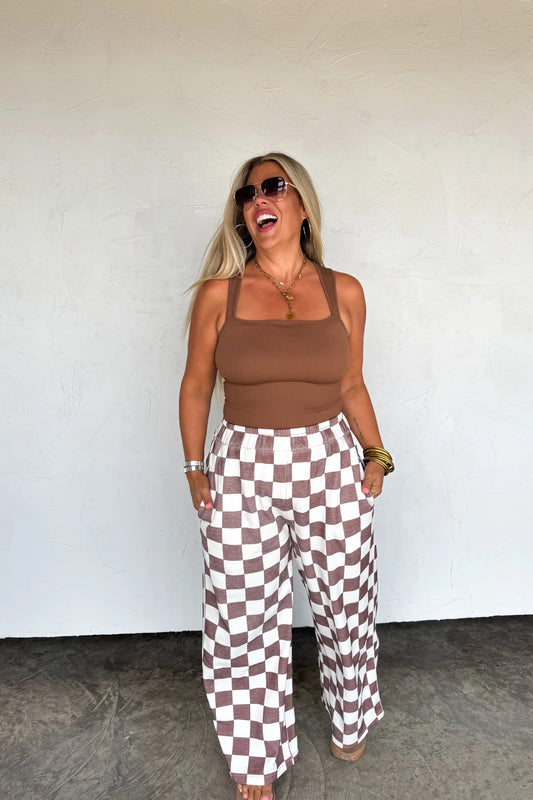 Drift Away Wide Leg Sweats- Brown Checkered