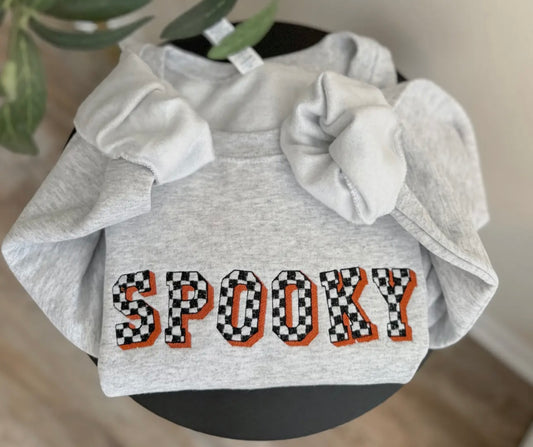 Checkered “Spooky” Embroidered Crewneck