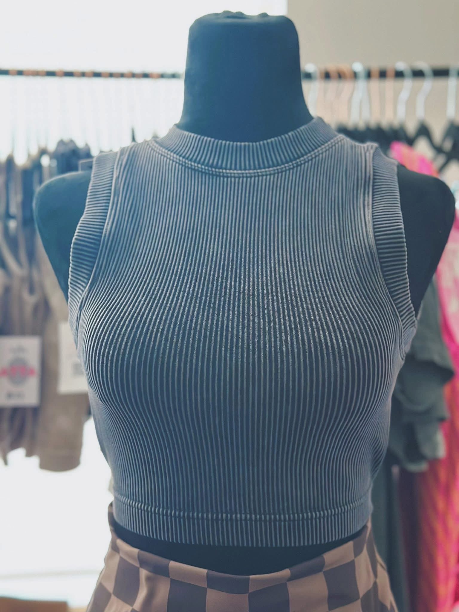 Black High-Neck Ribbed Tank